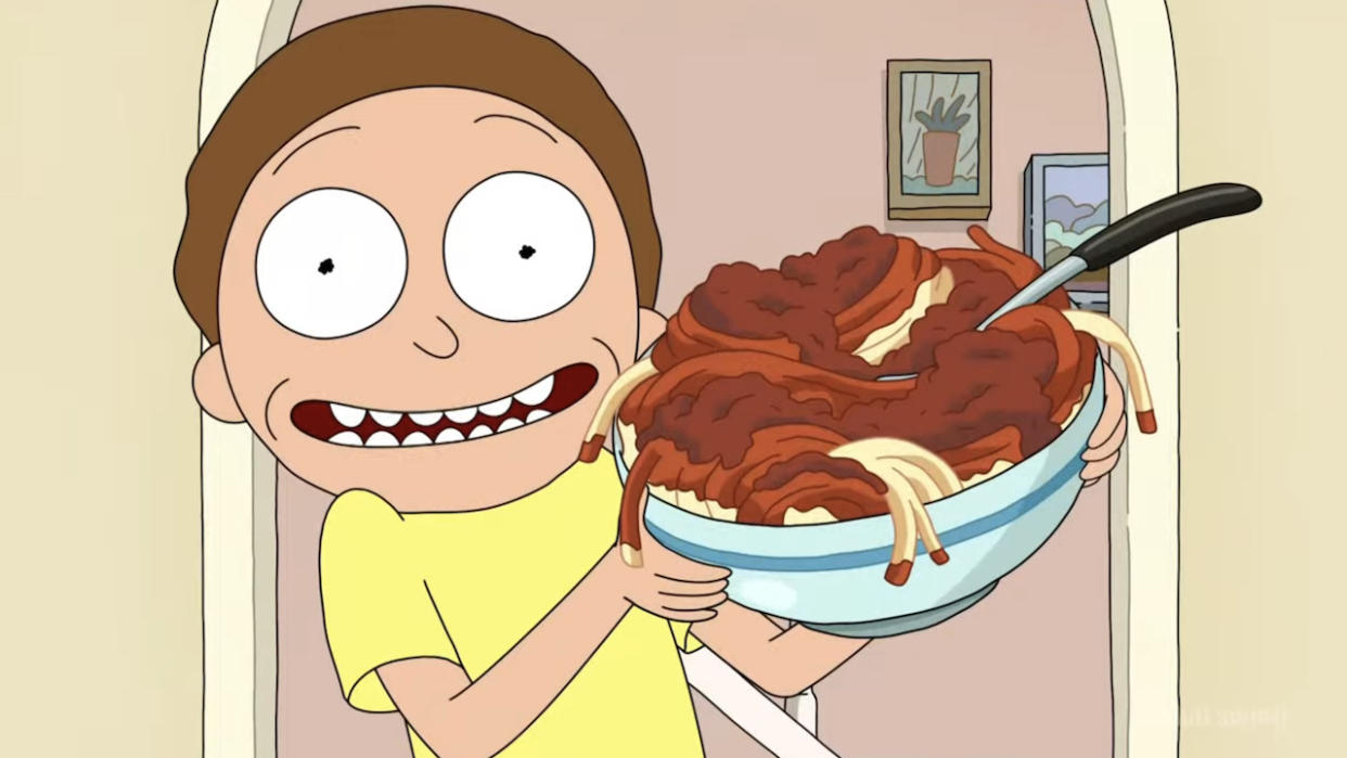  Morty holding spaghetti in Rick and Morty. 