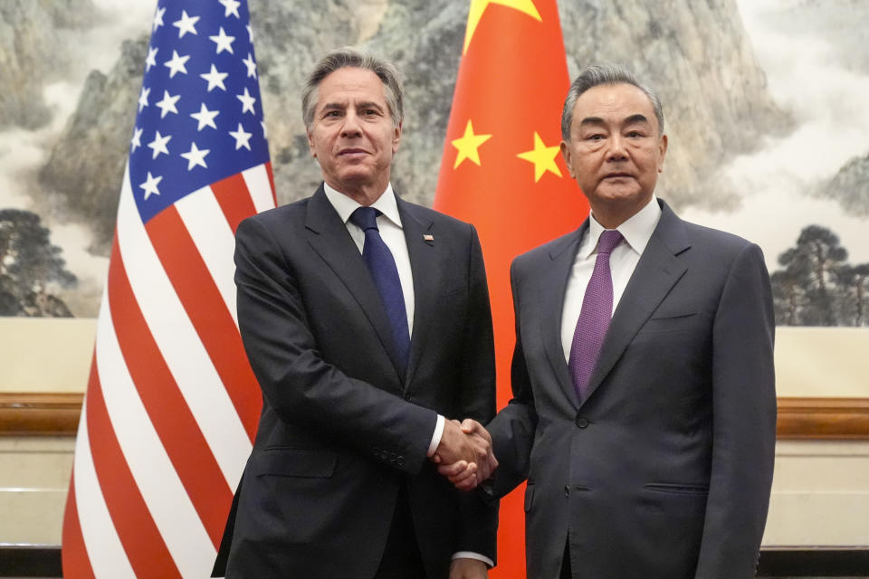 U.S. Secretary of State Antony Blinken, left, meets with China's Foreign Minister Wang Yi at the Diaoyutai State Guesthouse, Friday, April 26, 2024, in Beijing, China. (AP Photo/Mark Schiefelbein, Pool)