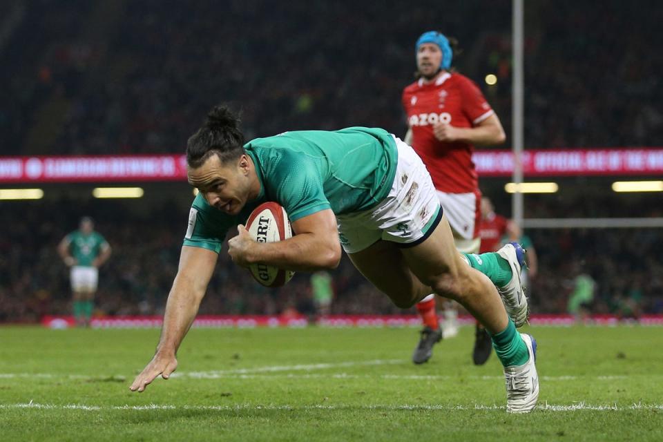 Ireland’s James Lowe scores their third try (Nigel French/PA) (PA Wire)