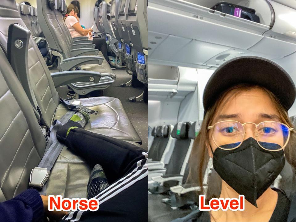 Left: The author's legs in black sweats lay across two empty gray airline seats Right: The author in a hat and mask in front of empty airline seats.