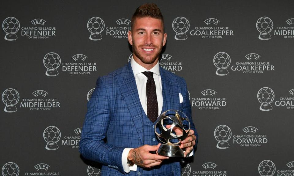 Sergio Ramos with his award as the Champions League defender of the season