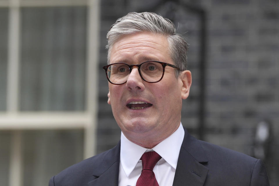 Britain's Labour Party Prime Minister Keir Starmer makes speech outside 10 Downing Street in London, Friday, July 5, 2024. Labour leader Keir Starmer won the general election on July 4, and was appointed Prime Minster by King Charles III at Buckingham Palace, after the party won a landslide victory. (AP Photo/Kin Cheung)