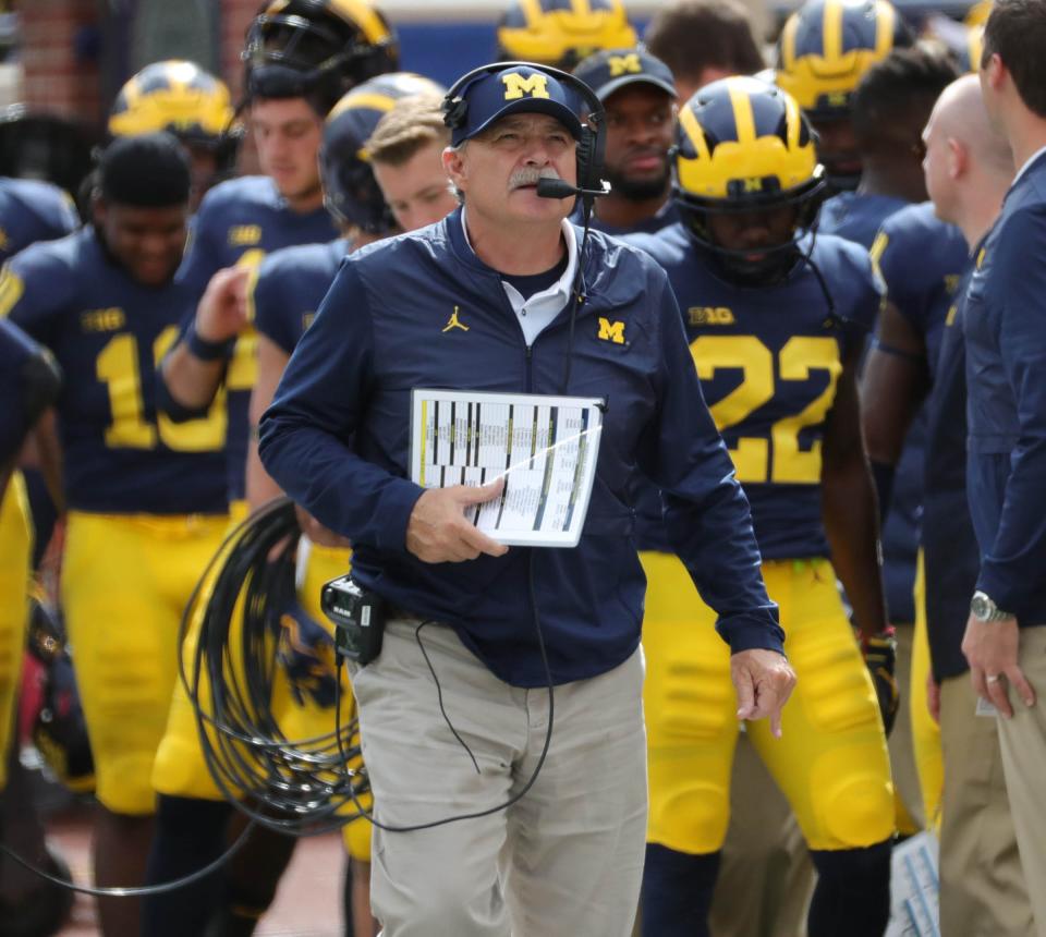 Michigan defensive coordinator Don Brown on the sideline during the second half against Nebraska on Saturday, Sept. 22, 2018 at Michigan Stadium in Ann Arbor.