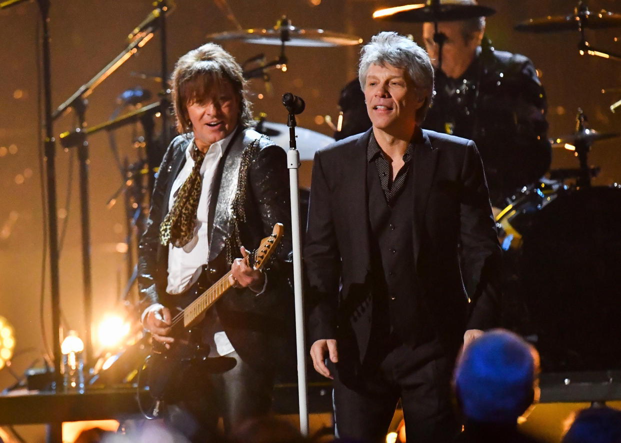 CLEVELAND, OH - APRIL 14:  Jon Bon Jovi and Richie Sambora of Bon Jovi perform during the 33rd Annual Rock & Roll Hall of Fame Induction Ceremony at Public Auditorium on April 14, 2018 in Cleveland, Ohio.  (Photo by Jeff Kravitz/FilmMagic)