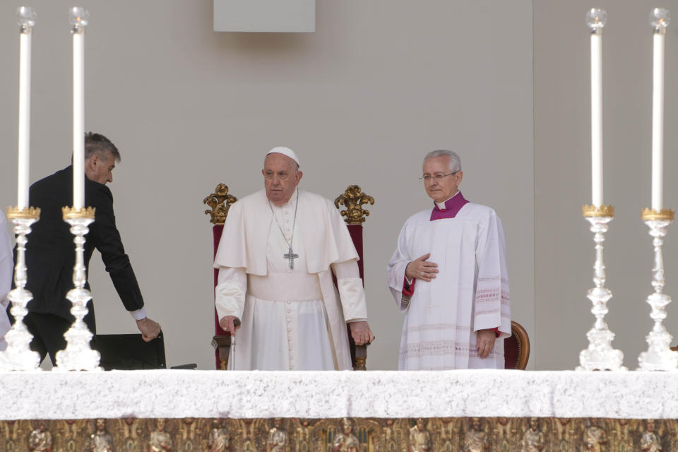 Pope Francis arrives in St. Mark's Square to celebrate a mass in Venice, Italy, Sunday, April 28, 2024. The Pontiff arrived for his first-ever visit to the lagoon town including the Vatican pavilion at the 60th Biennal of Arts. (AP Photo/Antonio Calanni)