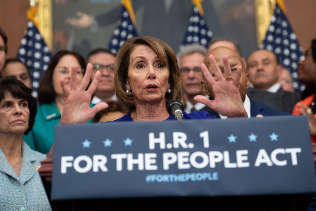 Speaker of the House Nancy Pelosi (Calif.) speaks alongside Democratic members of the House about H.R.1, the For the People Act, at the U.S. Capitol in Washington, D.C, on Jan. 4, 2019. (Photo: Saul Loeb/AFP/Getty Images)