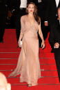 Angelina stole the show at the Cannes Film Festival in 2009 in a thigh-high split nude Versace gown.