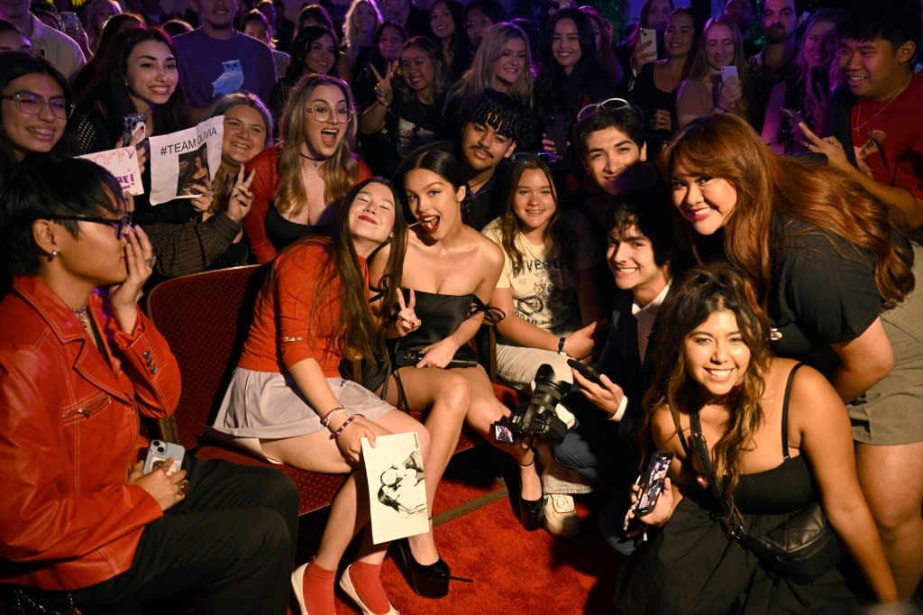 LOS ANGELES, CALIFORNIA - JUNE 29: Olivia Rodrigo (C) and guests attend the revealing of the #vampireOR2 Shorts challenge and premiere the video for her single "vampire", (Geffen Records) at YouTube Space LA on June 29, 2023 in Los Angeles, California. (Photo by Timothy Norris/Getty Images for YouTube)