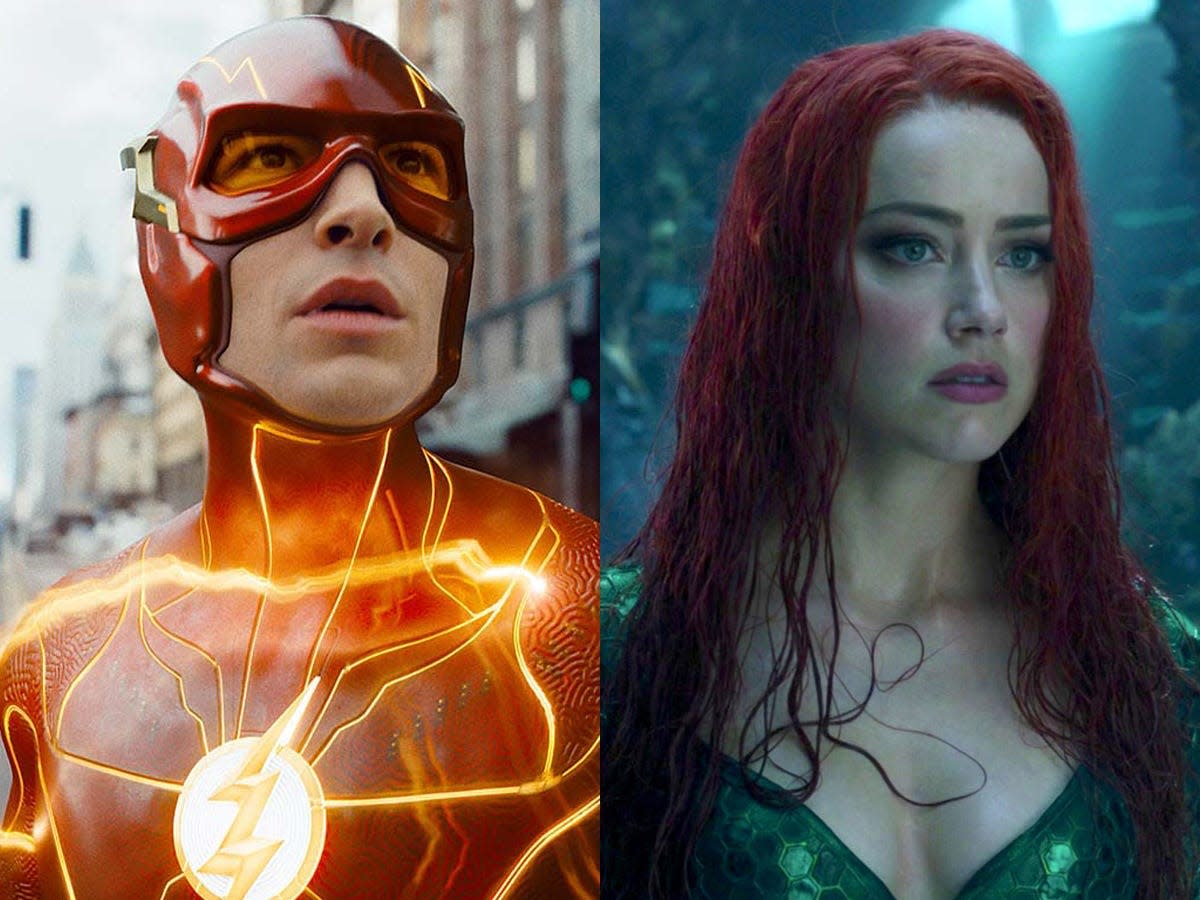 Ezra Miller as Barry Allen in "The Flash" and Amber Heard as Mera in "Aquaman."