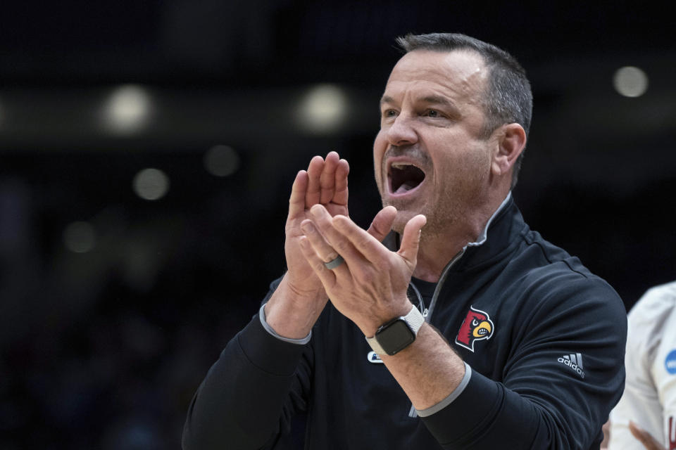 FILE - Louisville coach Jeff Walz yells during the second half of the team's Sweet 16 college basketball game against Mississippi in the women's NCAA Tournament, Friday, March 24, 2023, in Seattle. Louisville having another highly-rated recruiting class appears normal at first glance for Walz. (AP Photo/Stephen Brashear, File)