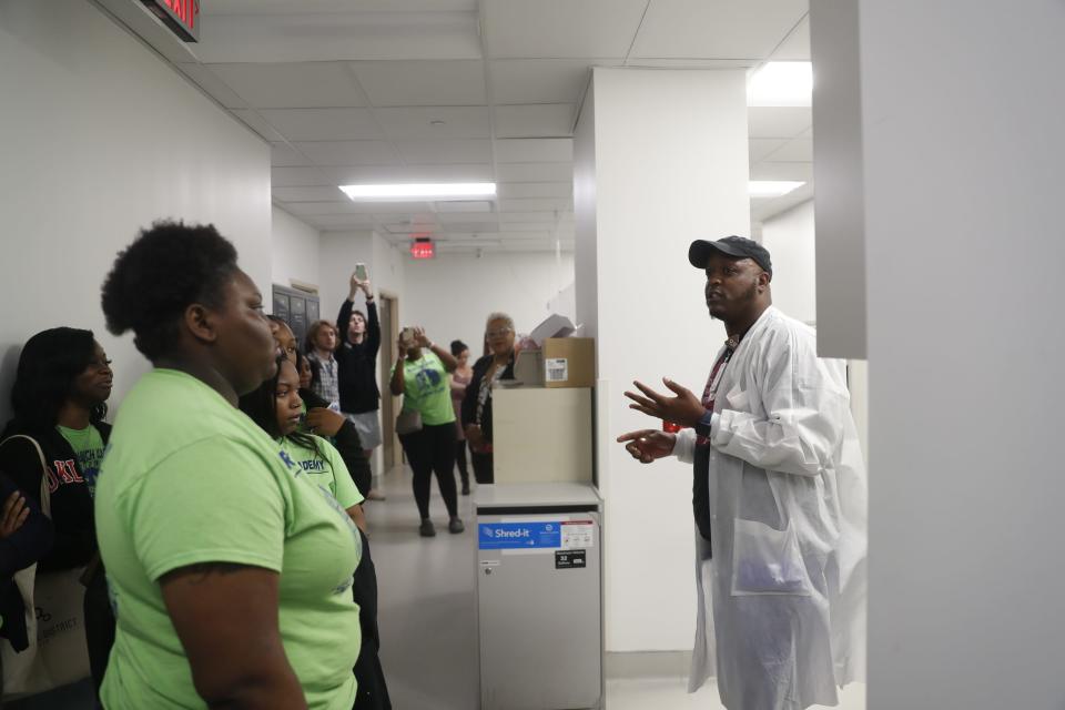 Methodist Le Bonheur Healthcare gives an inside look at its Career Launch Academy. The program is for high school juniors and seniors from Memphis-Shelby County Schools and local charter schools who have expressed an interest in careers in healthcare. Dominic McClendon, Chemistry supervisor, speaks to the students about a career in the labs. The tour was given on July 7, 2023 at Methodist University Hospital in Memphis, Tenn.