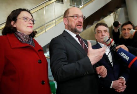 Martin Schulz, Germany's Social Democratic Party (SPD) leader, and Andrea Nahles of SPD give a statement as they meet with local SPD members in Dortmund, Germany, January 15, 2018. REUTERS/Wolfgang Rattay