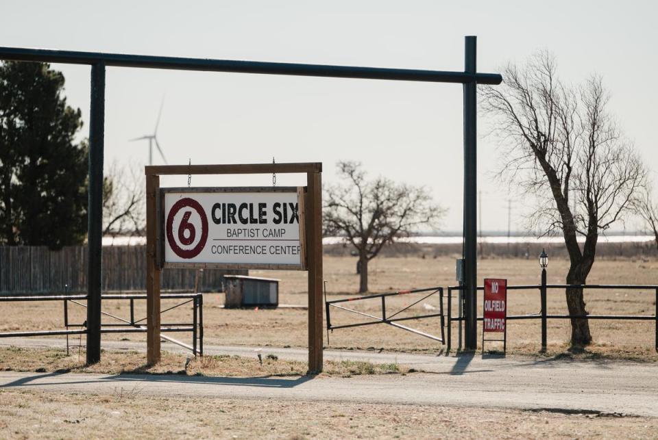 The entrance of Circle 6 Baptist Camp in Lenorah, on Feb. 24, 2024. The Railroad Commission approved the construction of the ponds, used to treat and recycle produced water from fracking, next to the Circle 6 Baptist Camp in the Permian Basin.