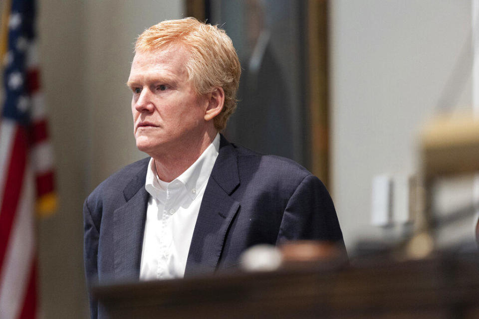 Alex Murdaugh stands next to the witness booth during a break in his trial for murder on Feb.  23, 2023 in Walterboro, S.C. / Credit: Joshua Boucher/The State via AP