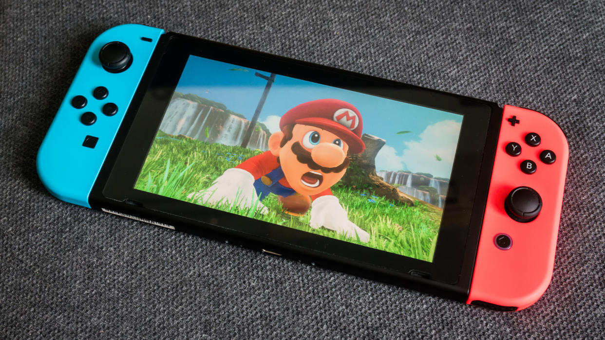 Super Mario Odyssey played on a Nintendo Switch in portable mode. 