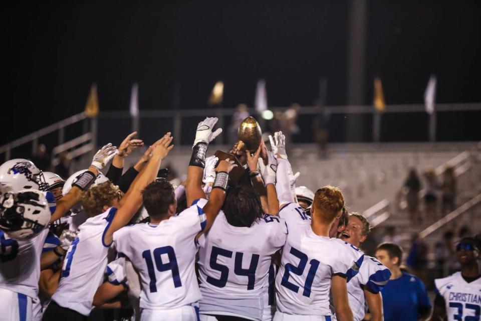 Lexington Christian players celebrate after defeating Boyle County in Danville in 2021. The Central Kentucky football powers collide again Friday night.