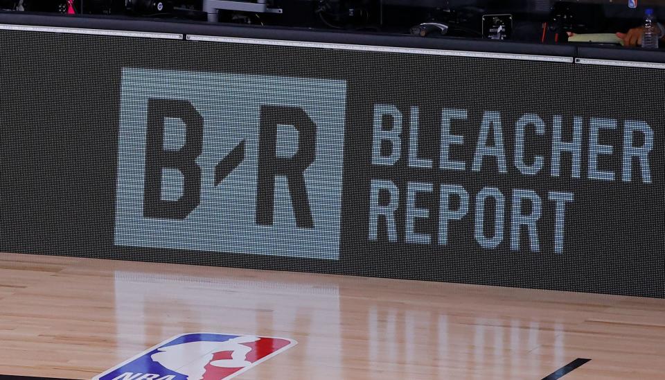 A Bleacher Report advertisement is seen during the fourth quarter in Game Five of the Western Conference First Round against the Portland Trail Blazers during the 2020 NBA Playoffs at AdventHealth Arena at ESPN Wide World Of Sports Complex on August 29, 2020 in Lake Buena Vista, Florida.