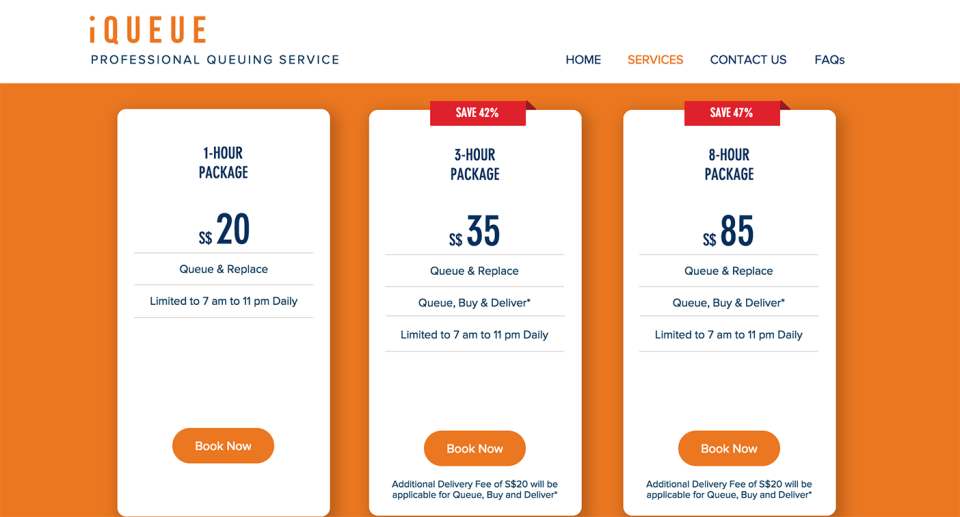 Some of the iQueue packages available. (Photo: Screen grab of iQueue website)