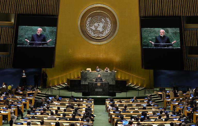 Narendra Modi, Prime Minister of the Republic of India, speaks during the 69th Session of the UN General Assembly September 27, 2014 in New York