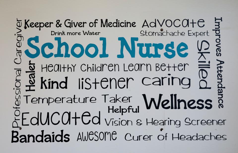 A School Nurse sign is pictured in the nurses office at the Jesse J. Kaplan School in West Nyack, Oct. 5, 2023.