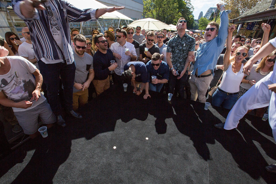 Crowds at the Australian Hotel Rocks to play two Up on April 25, 2015 in Sydney.