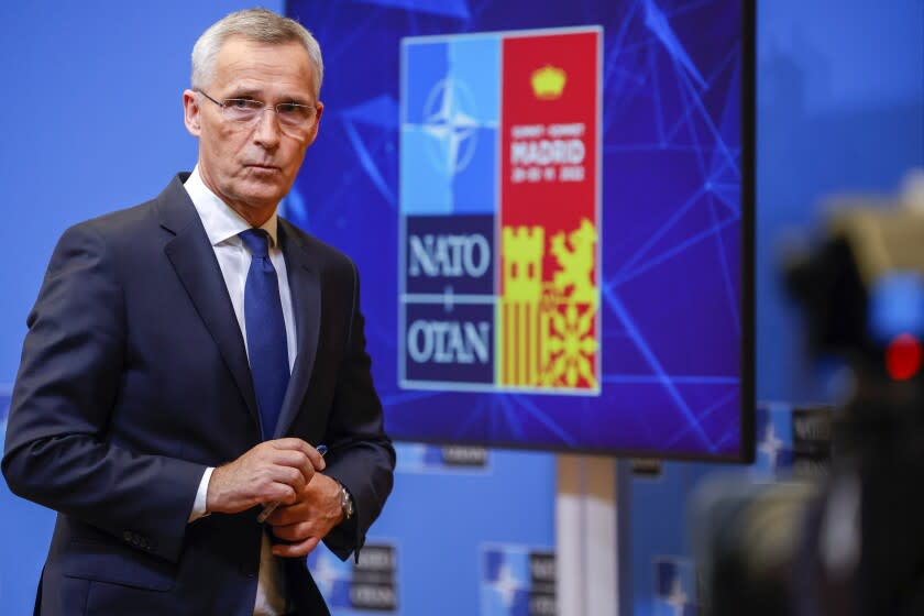 NATO Secretary General Jens Stoltenberg speaks during a media conference prior to a NATO summit in Brussels, Monday, June 27, 2022. NATO heads of state will meet for a NATO summit in Madrid beginning on Tuesday, June 28. (AP Photo/Olivier Matthys)