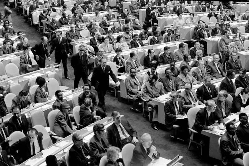 The delegation of China, the "Representatives of Chiang Kai-Shek," are pictured leaving the U.N. Assembly Hall on October 25, 1971, prior to the vote on a draft resolution to recognize the representatives of the People's Republic of China as the only legitimate representative of China to the United Nations. File Photo by UN/UPI