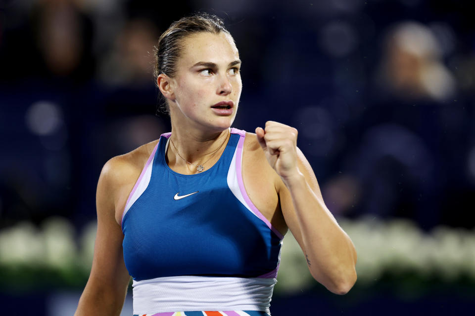 Seen here, Aryna Sabalenka celebrates after defeating defending champion Jelena Ostapenko in Dubai. 