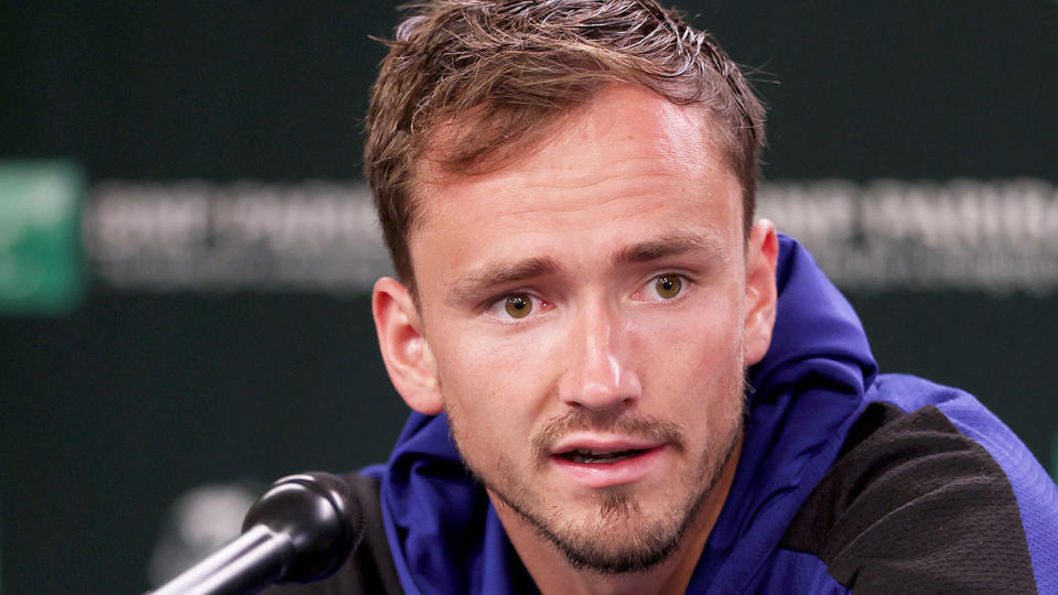 Pictured here, Daniil Medvedev fronts a press conference ahead of the Indian Wells tournament.