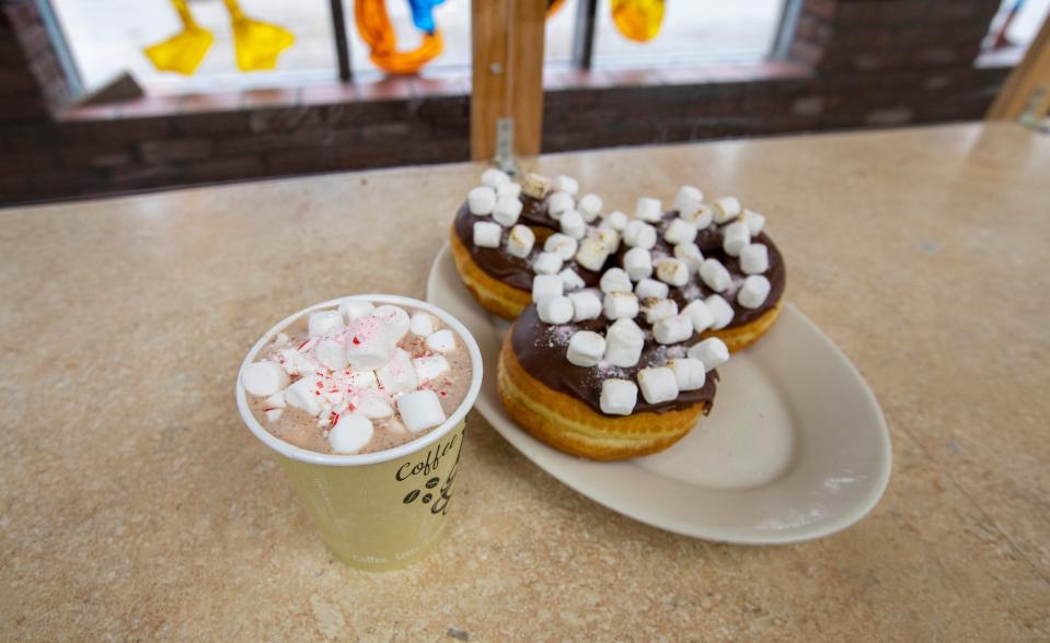 Hot chocolate and hot chocolate donuts at Donut King in Weymouth on Jan. 20, 2022.