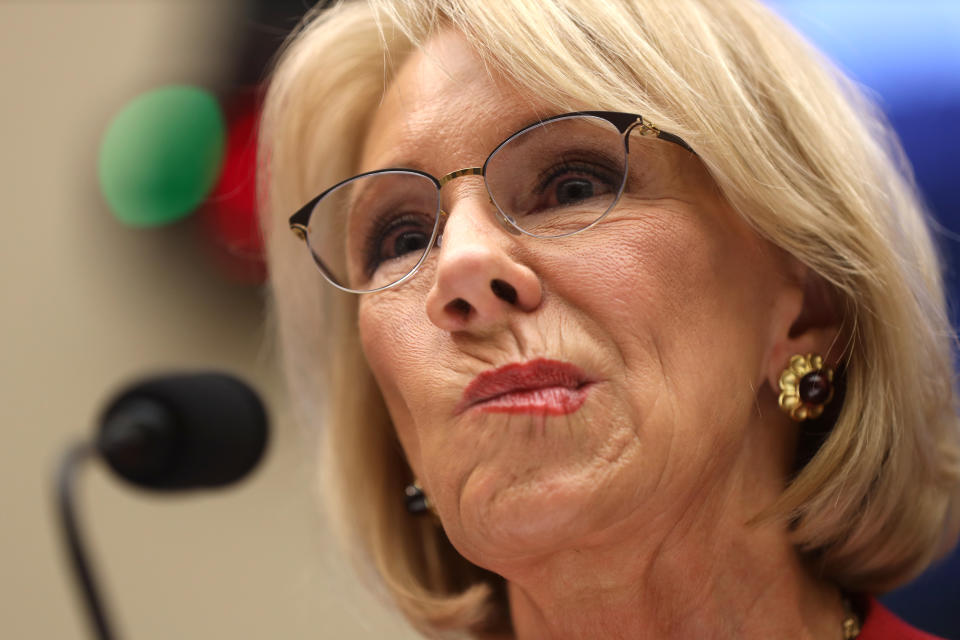 WASHINGTON, DC - DECEMBER 12:  U.S. Secretary of Education Betsy DeVos testifies during a hearing before House Education and Labor Committee December 12, 2019 on Capitol Hill in Washington, DC. The committee held a hearing on "Examining the Education Department's Implementation of Borrower Defense."  (Photo by Alex Wong/Getty Images)
