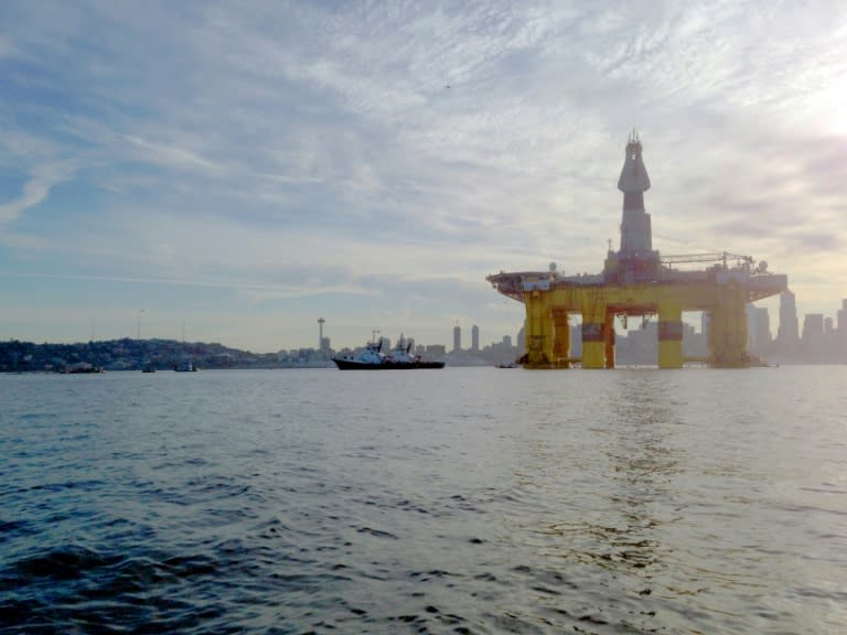 This June 15, 2015 phto shows the Shell Oil “Polar Pioneer” rig platform as it moved from Elliott Bay in Seattle, Washington