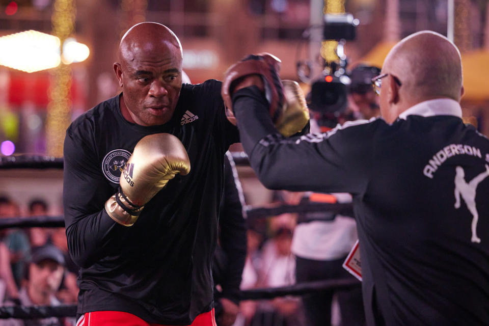 Ex-UFC champion Anderson Silva works out with Coach Luiz Dorea in Glendale, Arizona, in preparation for his bout with social media influencer Jake Paul at Desert Diamond Arena on Saturday. (Esther Lin/Showtime)