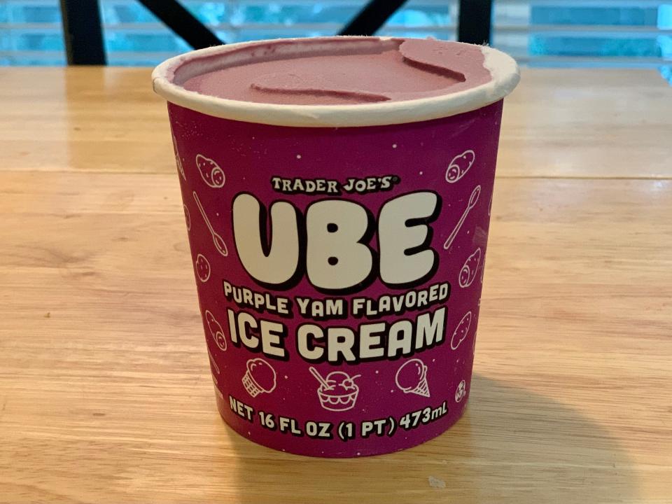 purple carton of Trader Joe's ube ice cream on wood table