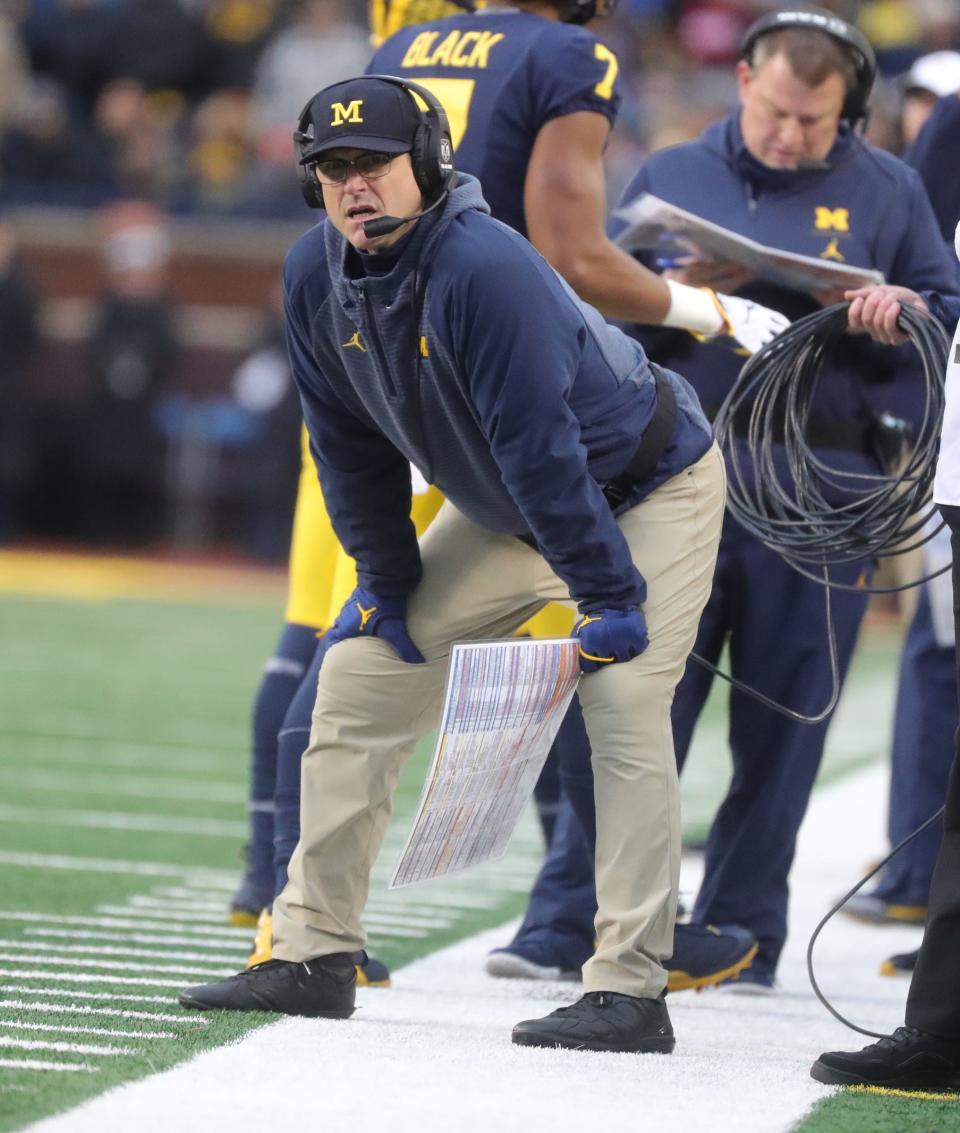 Michigan head coach Jim Harbaugh watches the first half against Indiana, Saturday, Nov. 17, 2018 at Michigan Stadium in Ann Arbor.