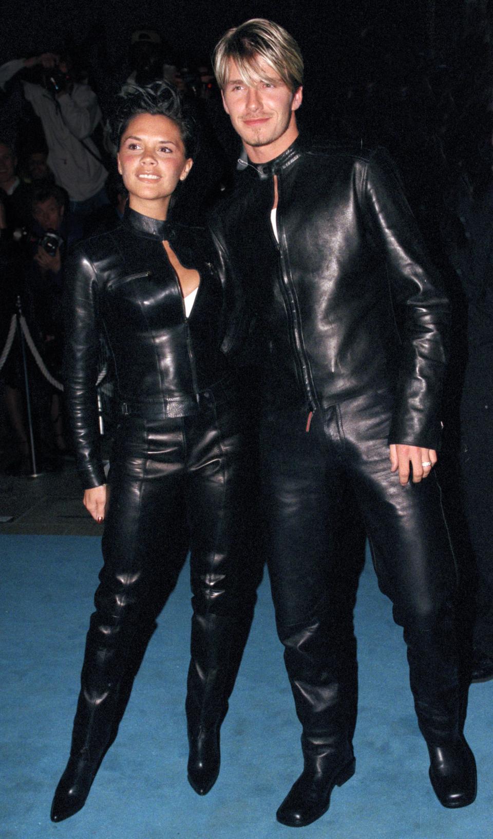 David & Victoria Beckham Attend The 'Versace Club' Gala Party In London wearing leather outfits