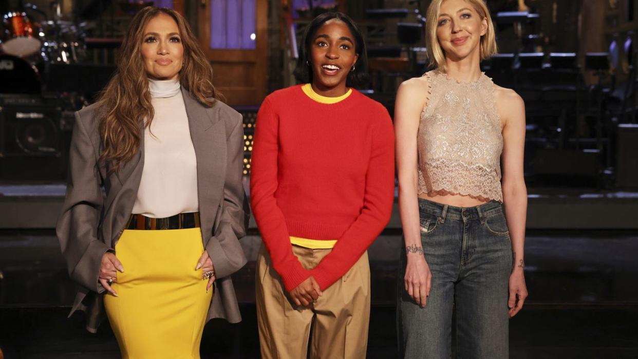 saturday night live episode 1855 pictured musical guest jennifer lopez, host ayo edebiri, and heidi gardner during promos in studio 8h on friday, february 2, 2024 photo by will heathnbc via getty images
