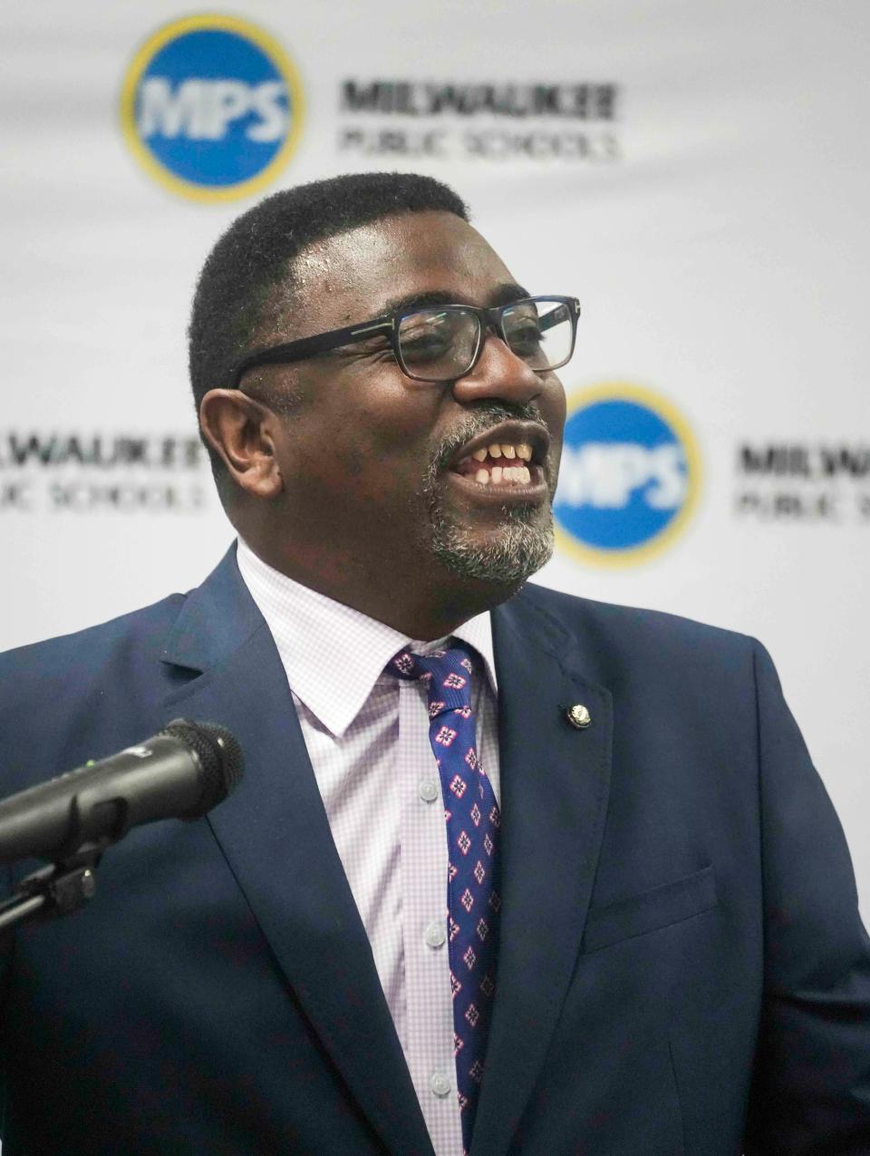 Dr. Keith Posley, superintendent for Milwaukee Public Schools, speaks during a press conference following the welcoming of the Bay View High School students on Aug. 14, 2023, on the first day of the new school year.