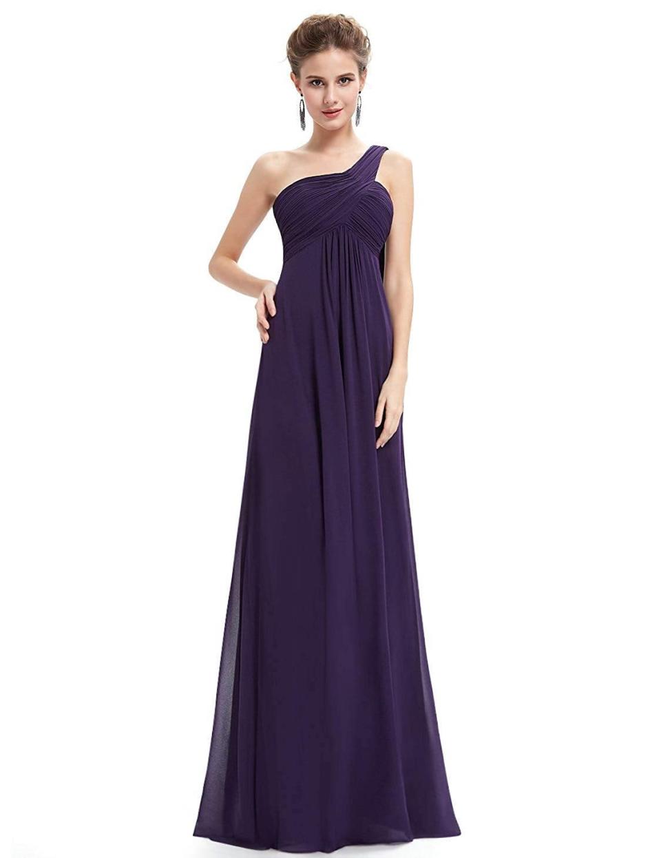 <h3><a href="https://amzn.to/2vHFJZC" rel="nofollow noopener" target="_blank" data-ylk="slk:One-Shoulder Gown" class="link rapid-noclick-resp">One-Shoulder Gown</a></h3><br><strong>Arianna </strong><br><br><strong>How She Discovered It:</strong> "I was going to a black-tie wedding and didn't want to spend a lot of money on a dress, and I had an Amazon gift card so...I googled formal dresses on Amazon and found one with rave reviews. A lot of girls mentioned using it as a bridesmaid dress!"<br><br><strong>Why It's A Hidden Gem:</strong> "I only paid $50 for it, I got a lot of compliments on it, AND have turned multiple people onto the same dress — so a lot of my friends own it as well."<br><br><strong>Ever Pretty</strong> One-Shoulder Evening Dress, $, available at <a href="https://amzn.to/3doVJ6L" rel="nofollow noopener" target="_blank" data-ylk="slk:Amazon" class="link rapid-noclick-resp">Amazon</a>