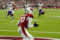 Arizona Cardinals wide receiver DeAndre Hopkins (10) pulls in a touchdown catch against the Minnesota Vikings during the first half of an NFL football game, Sunday, Sept. 19, 2021, in Glendale, Ariz. (AP Photo/Rick Scuteri)