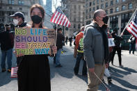 <p>A protester in N.Y.C. held a sign that said, "No Life Should Be Treated This Way" during the rally on April 4.</p>