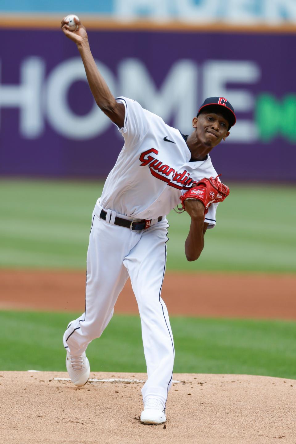 Cleveland Guardians starting pitcher Triston McKenzie delivers against the Houston Astros during the first inning of a baseball game, Sunday, Aug. 7, 2022, in Cleveland. (AP Photo/Ron Schwane)