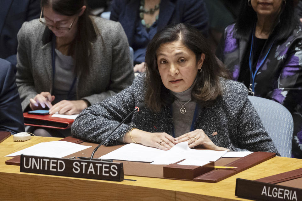 United States' Under Secretary of State for Civilian Security Uzra Zeya speaks during the Security Council meeting at United Nations headquarters, Tuesday, Jan. 23, 2024. (AP Photo/Yuki Iwamura)