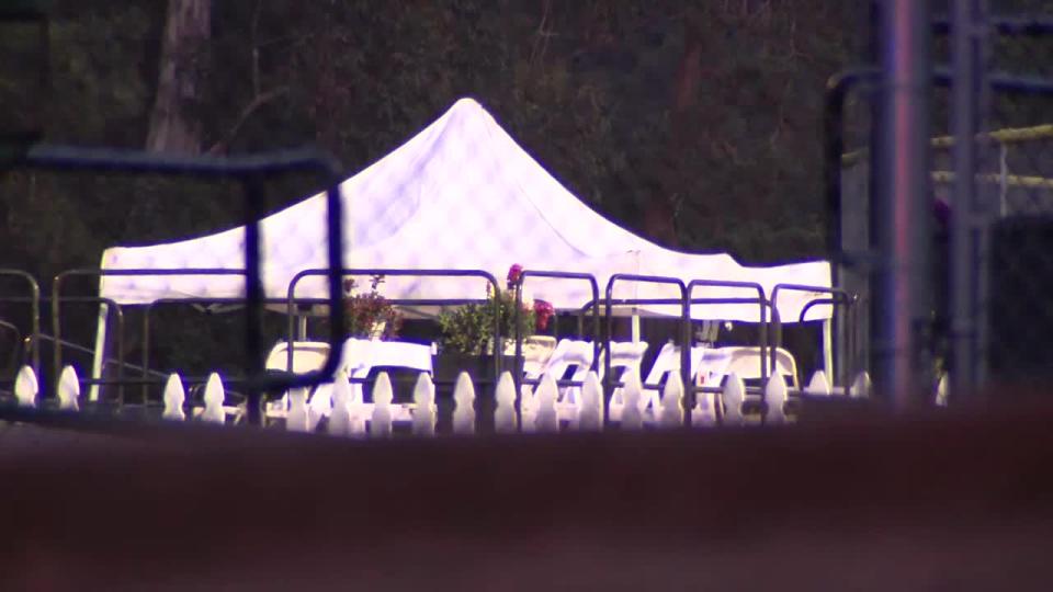 <div>A white tent is seen after a shooting at Skyline High's graduation. May 23, 2023</div>