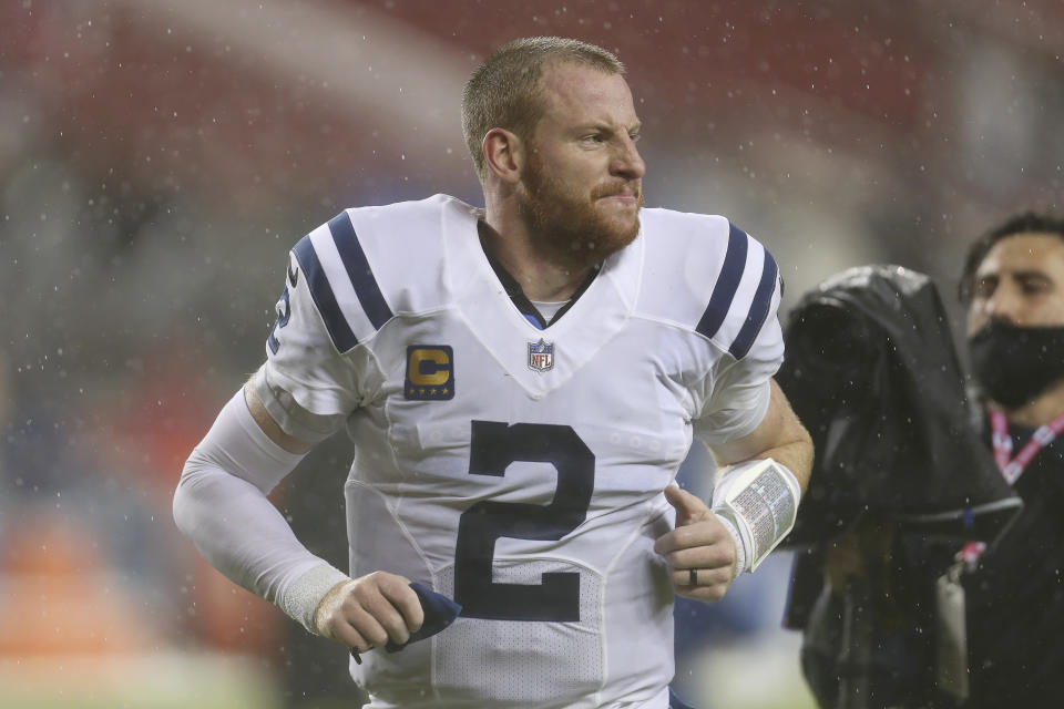 Indianapolis Colts quarterback Carson Wentz (2) runs off the field after an NFL football game against the San Francisco 49ers in Santa Clara, Calif., Sunday, Oct. 24, 2021. (AP Photo/Jed Jacobsohn)