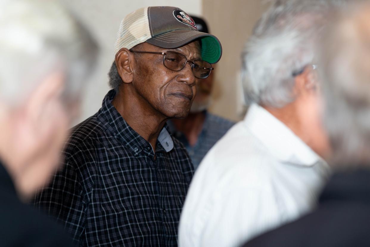 Dozier School for Boys survivor Cecil Gardner listens to testimony from other survivors during a press conference held by Sen. Darryl Rouson and Rep. Tracie Davis with survivors from the former Dozier School for Boys and the Florida School for Boys at Okeechobee at the Capitol Monday, Oct. 18, 2021.