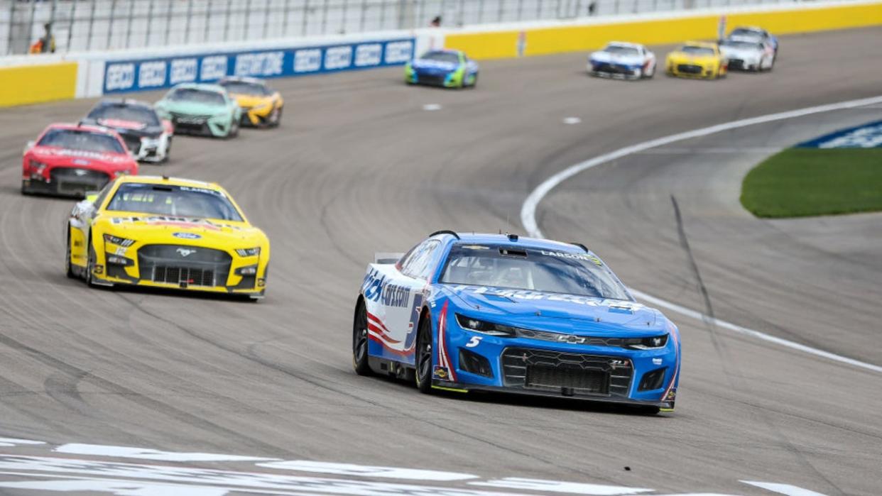 <div>FILE-Kyle Larson (#24 HendrickCars.com Chevrolet) racing during the Pennzoil 400 presented by Jiffy Lube NASCAR Cup Series race, on March 6, 2022, at Las Vegas Motor Speedway in Las Vegas, NV. (Christopher Trim/Icon Sportswire via Getty Images)</div>