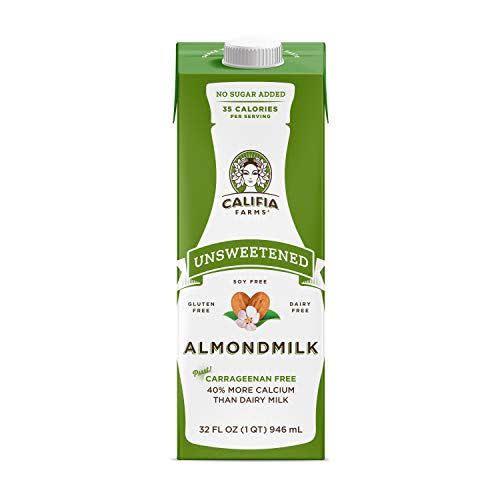 Califia Farms - Almond Milk Unsweetened<p>amazon.com</p><p>$21.48</p><p><a href="https://www.amazon.com/dp/B07F3FZ1ND?tag=syn-yahoo-20&ascsubtag=%5Bartid%7C2140.a.31043813%5Bsrc%7Cyahoo-us" rel="nofollow noopener" target="_blank" data-ylk="slk:Shop Now;elm:context_link;itc:0;sec:content-canvas" class="link rapid-noclick-resp">Shop Now</a></p><span class="copyright">amazon.com</span>