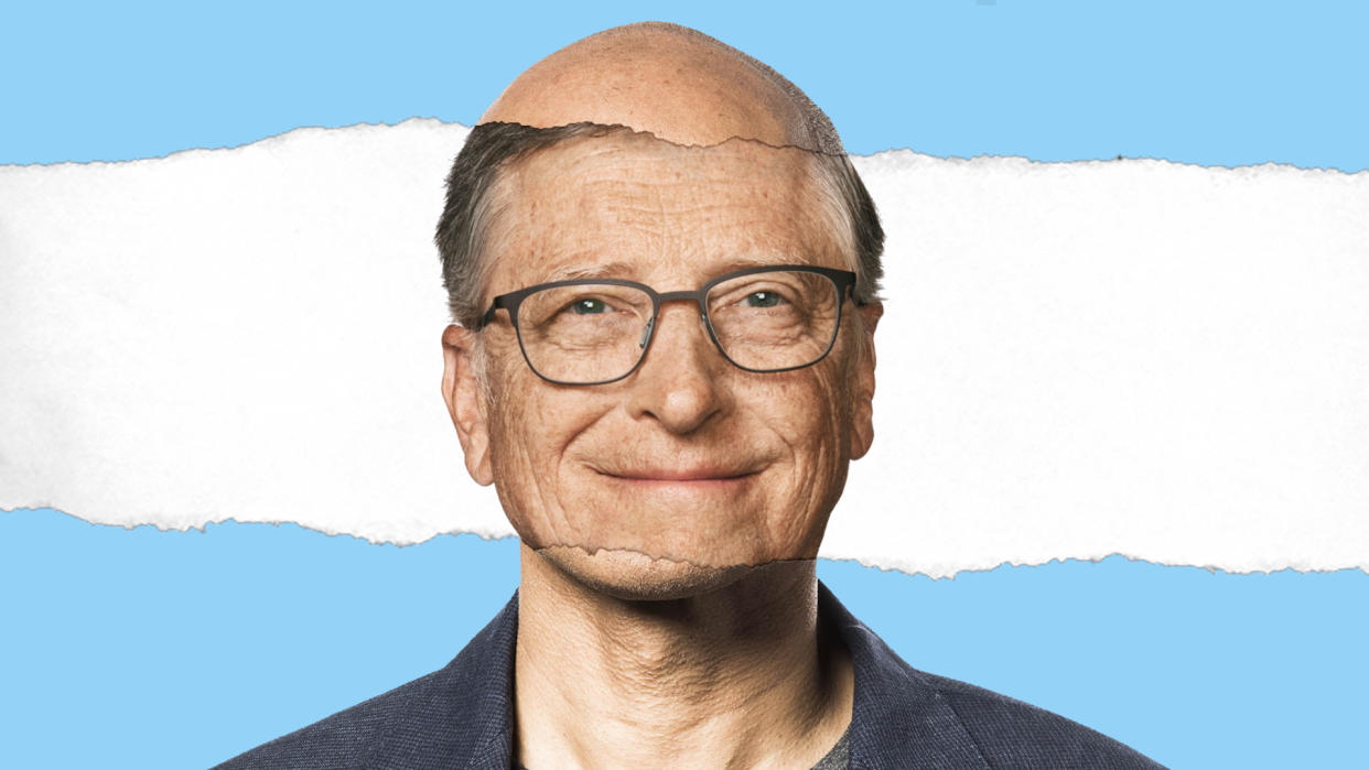  Picture of Satya Nedella with a tear in it revealing Bill Gates' face. 