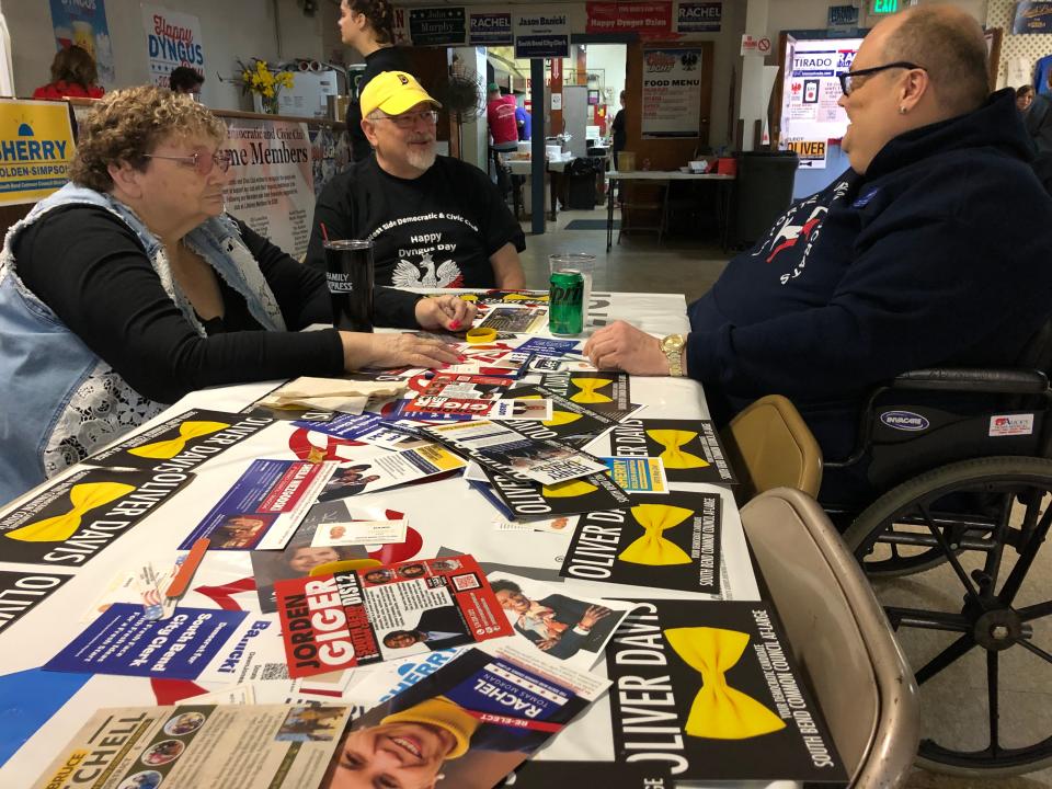 From left, Sue Borton, Rick Bakos and Derald J. Borton, LaPorte County's Democratic Team Captain, chat as Dyngus Day festivities warm up Monday, April 10, 2023, at the West Side Democratic & Civic Club in South Bend.